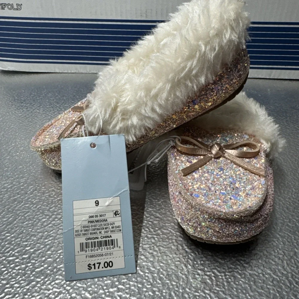 Cat‎ and Jack Moccasins Slippers Slip- On Pink Glitter Medora Size 9 NEW!
